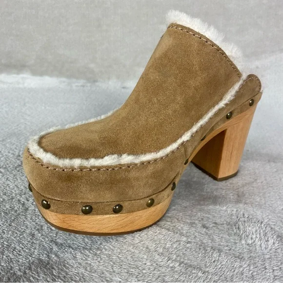 UGG Aubriana Mule Womens Heel Boots 5 Chestnut Suede Sheepskin Lined Studded NEW - Picture 4 of 13